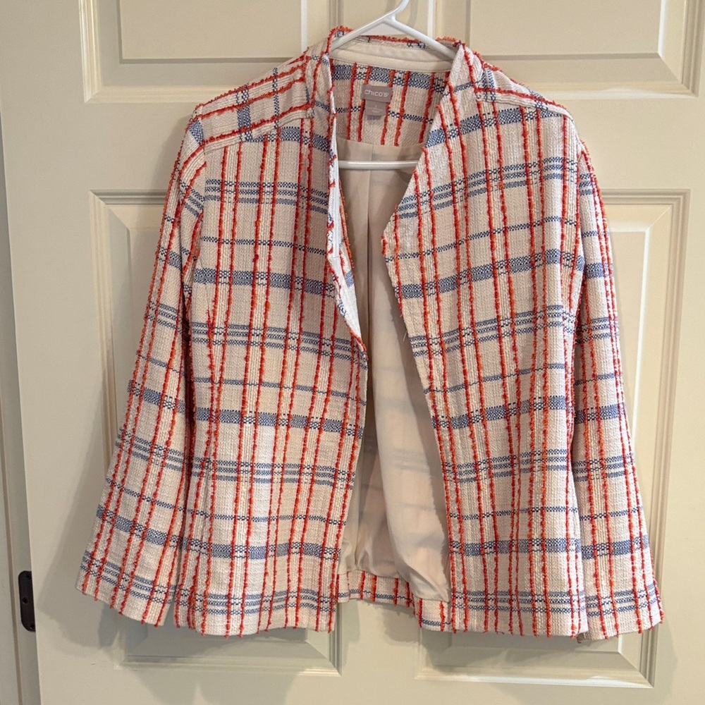 Chico's Cream Plaid Windowpane Blazer with Red and Blue Stripes